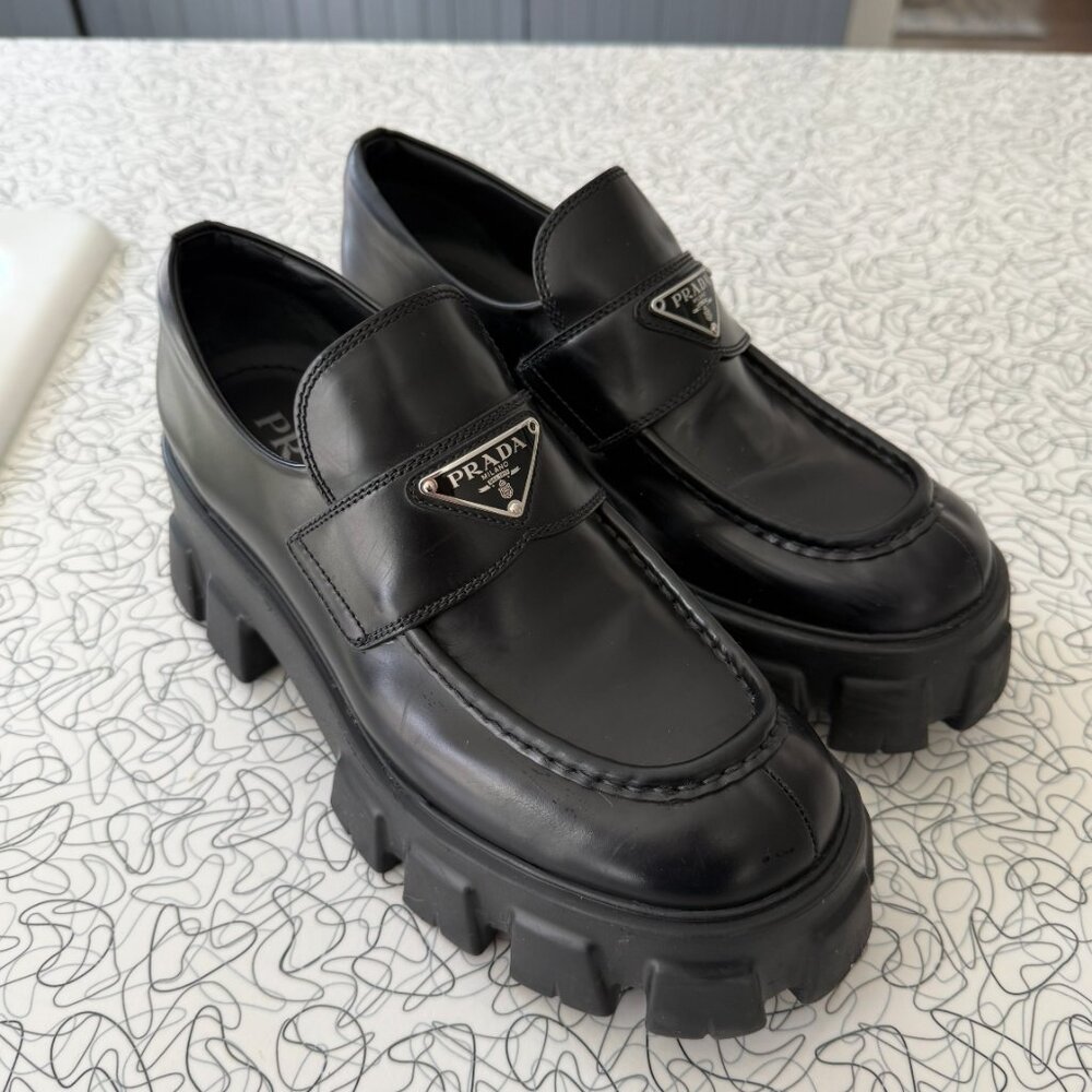 Prada Monolith Loafers - black brushed leather - slightly worn
